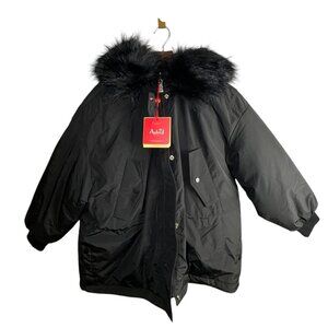ASTRID New Womens XL Black Hooded Puffer Jacket Faux Fur Removable Trim & Snap